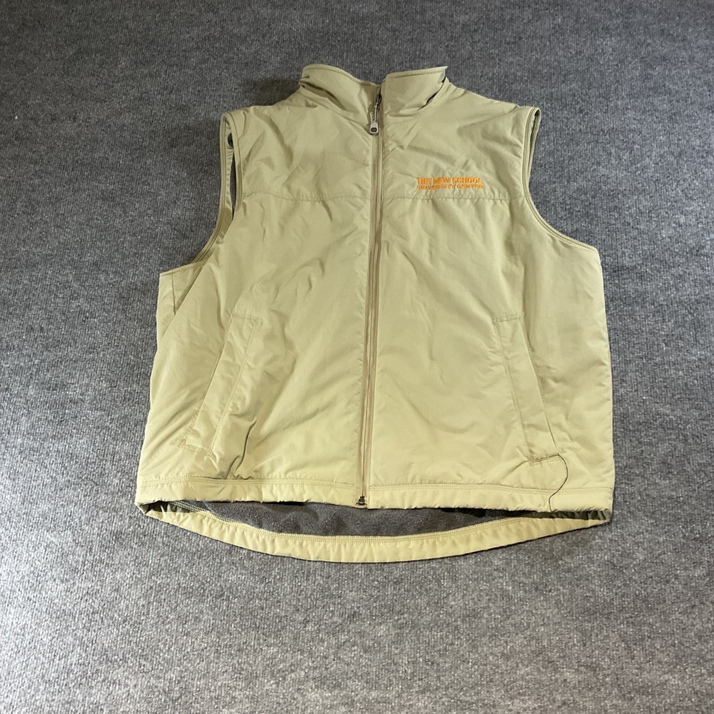 LL Bean Mens XL Tan Fleece Lined Nylon Vest The New School Tishman Logo Khaki